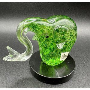 Art Glass Elephant Figurine Paperweight Raised Trunk Vintage Glitter Green Rare